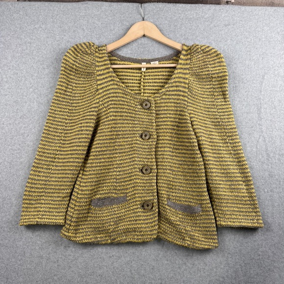 Anthropologie Sweaters - MOTH Anthropologie Cardigan Womens M Yellow Stripe Puff Sleeve Button Sweater